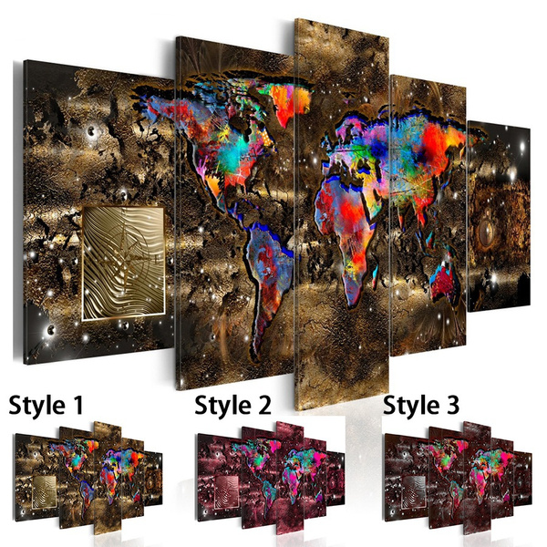 Fashion Wall Art Canvas Painting 5 Pieces Watercolor Retro Metal Map