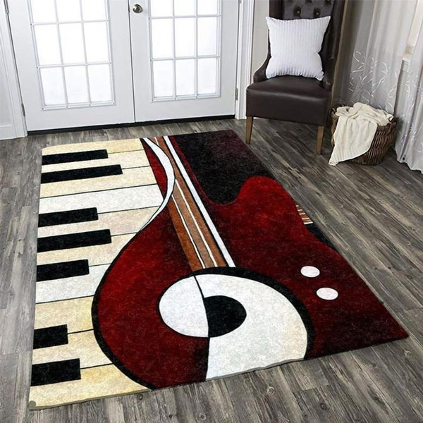 Music Symbol Piano Keys Black White Round Carpet Anti Slip Rugs Home Bedroom 