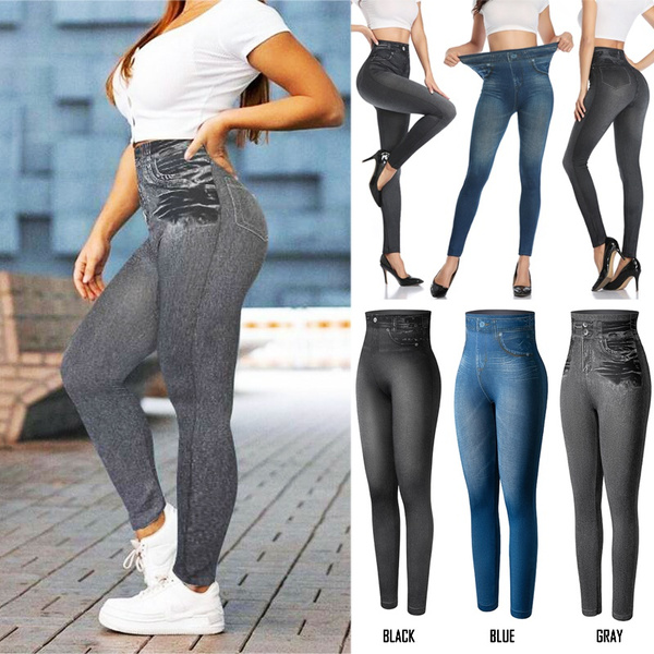 Women Denim Jeans Look Pants Skinny Leggings with Pockets Slim Fit Shaping  Pull-on Jeggings Fitness Yoga Legging Tight Trousers