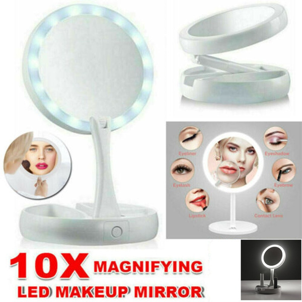 New LED Round Portable Folding Makeup Desktop Mirror 1x/10x Magnifying ...