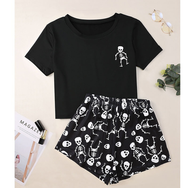 Cool Short Sleeved Skull Digital Printed Pajamas Comfortable Cute Sleepwear Black Night GOTH Soft Women s Gothic Homewear 2Pcs