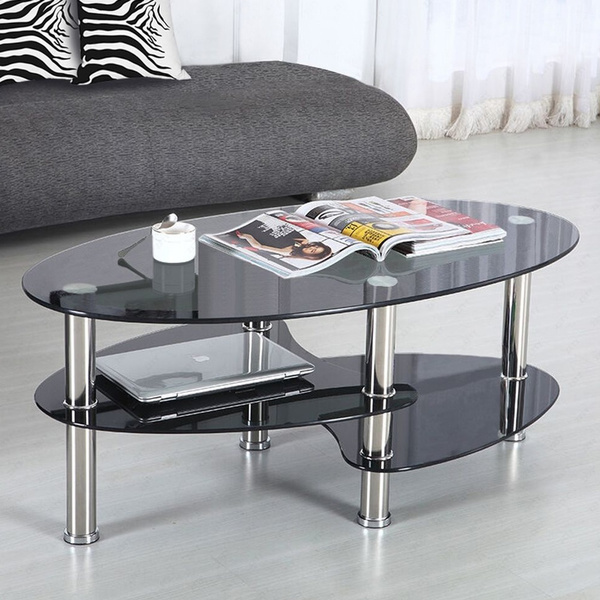 Modern Living Room 38 In. Oval 3-Tier Black Glass Coffee Table Oval ...