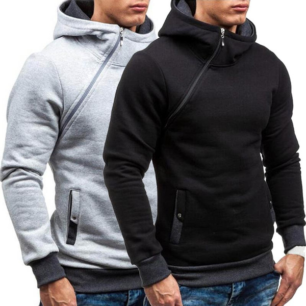 Casual Solid Mens Hoodies Diagonal Zipper Long Sleeve Hoodie