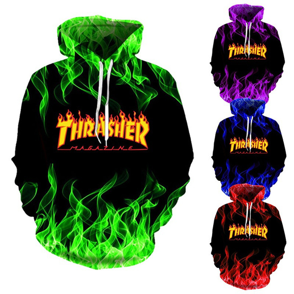 2021 New Men s Casual Hoodie Thrasher 3D Print Flame Hoodie