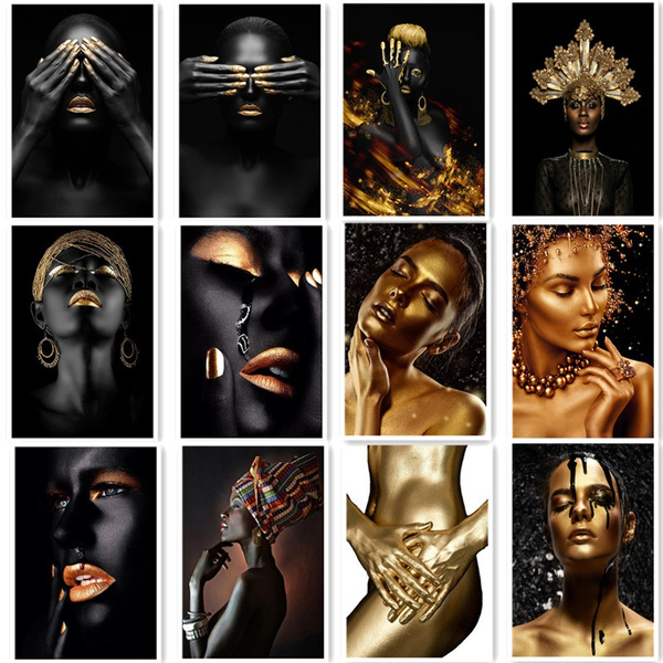Modern Black and Gold African Naked Woman Canvas Art Painting Oil ...