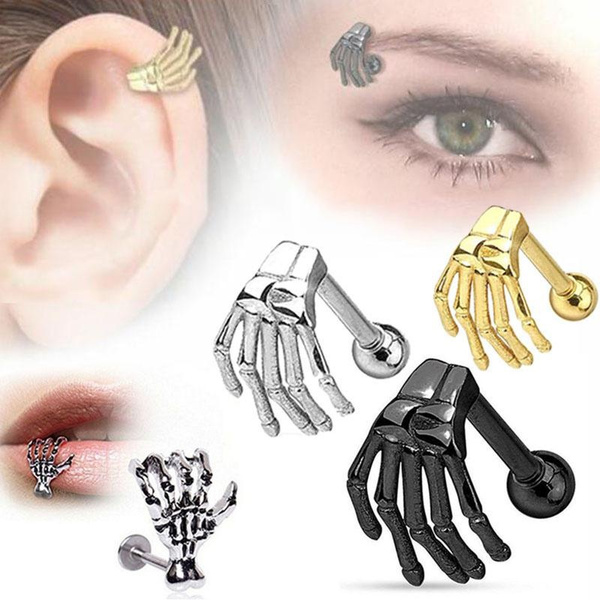 Steel piercing for ear of eyebrow, skeleton hand, various colours