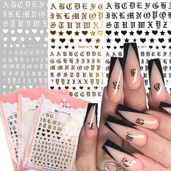 3 Sheets Letter Nail Art Sticker Decals Gold Letters Black Words