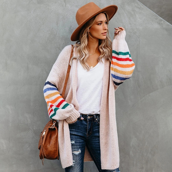 Rainbow Striped Boho Cardigan Winter Long Coat Female Knitwear Pink ...