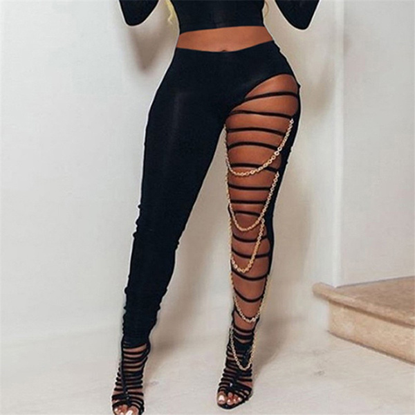 High Waist Ripped Leggings Women Black Slim Holes Trousers With Gold Chain  Pencil Pants Casual Fashion Clothing