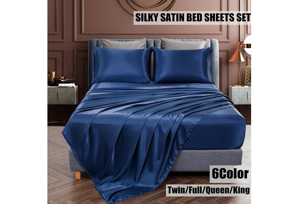 Luxbedding Satin Bed Sheets Queen Sheet Set, Navy Blue Silk Sheets