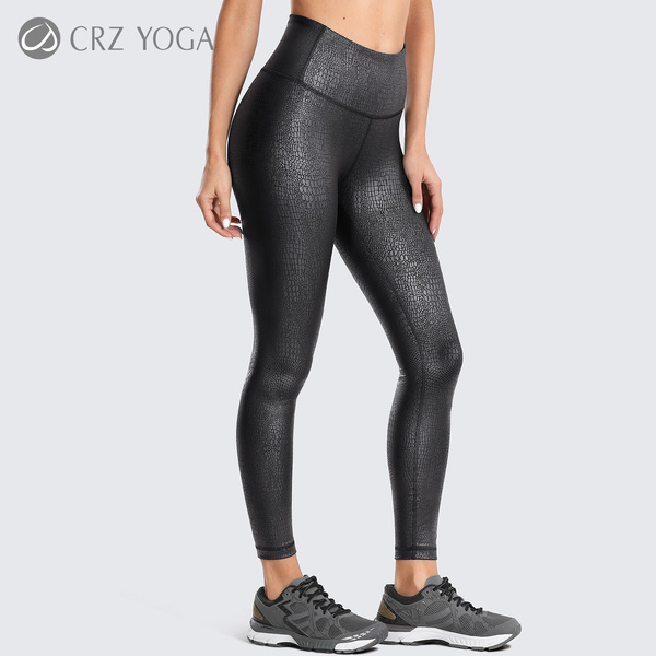 CRZ YOGA Women's Fashion Stretchy Coated Faux Leather Legging High Waist  Workout Tights Pants 25 Inches