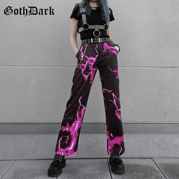 Goth Dark Fashion Lightning Tie Dye Gothic Pants Punk Cool High Waist Loose  Leg Hip Hop Trousers Streetwear Women Autumn Clothes