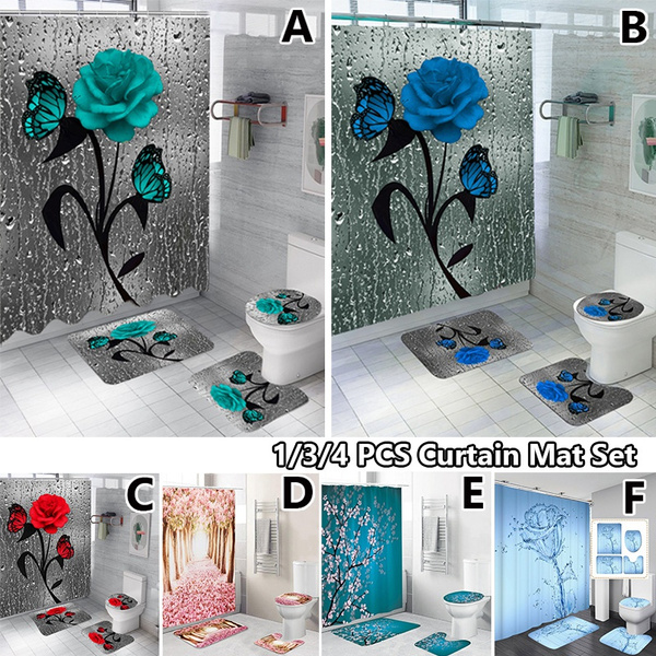 3D Rose Waterproof Shower Curtain Set Toilet Cover Mat Nonslip