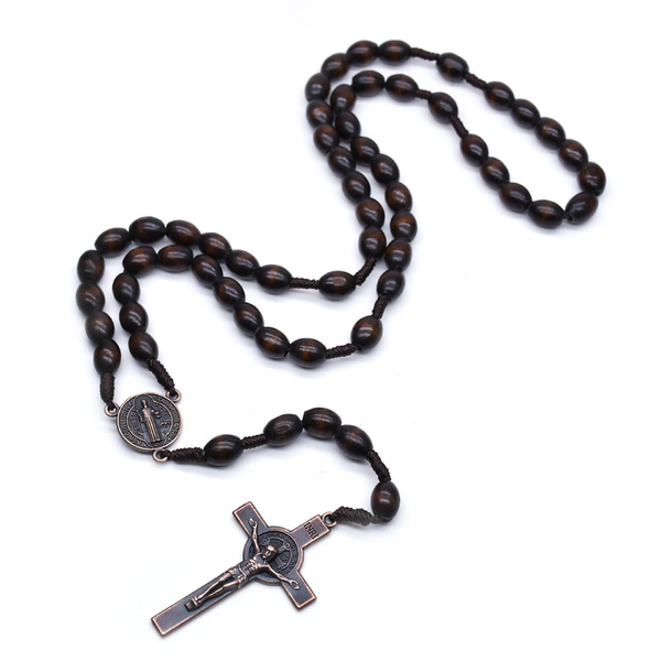 Saint Benedict Rosary Necklace Cross Catholic Brown Wooden Cross ...