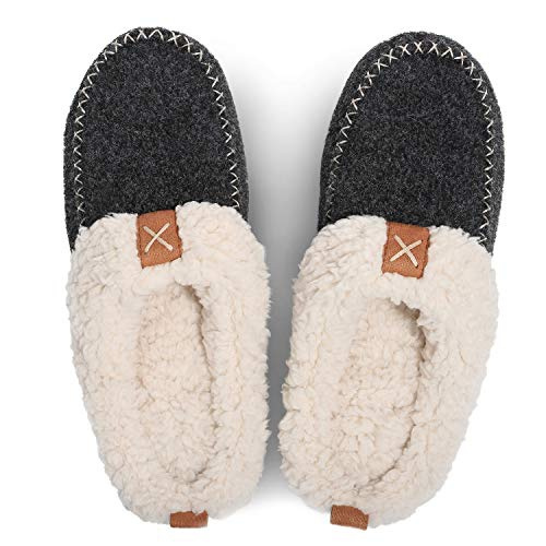 LongBay Ladies Wool Felt Sherpa Memory Foam Slippers with Comfy Plush Fleece Lining Slip on Moccasin Slipper Clog Indoor Outdoor 