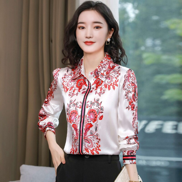 Korean Fashion Silk Women Blouses Lady Shirts Satin Long Sleeve Womens Tops And Plus Size Xxxl Largas