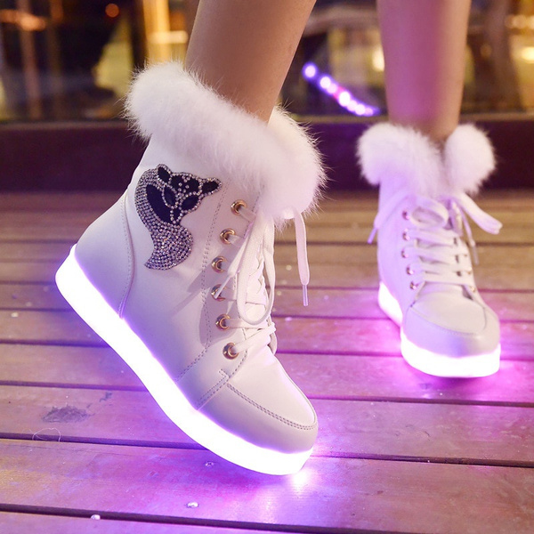 Winter Girl Luminous Shoes Led Plush Rabbit Snow Boots Plus Cotton