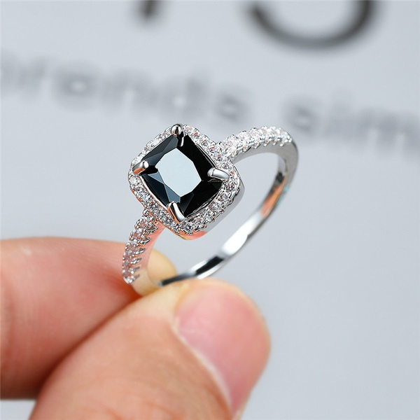 HCBYJ Lady ring 925 Sterling Silver Black Stone Engagement Ring Womens fine Jewelry 