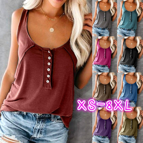 XS-8XL Plus Size Fashion Clothes Women's Casual Sleeveless Tee Shirts Solid  Color Off Shoulder Tops Ladies Summer Tops Button Up Camisole Shirts Vest  Loose Cotton Tank Tops