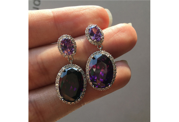 Medium Gold Plated Hoop Earrings with Purple Stone | Juulry.com