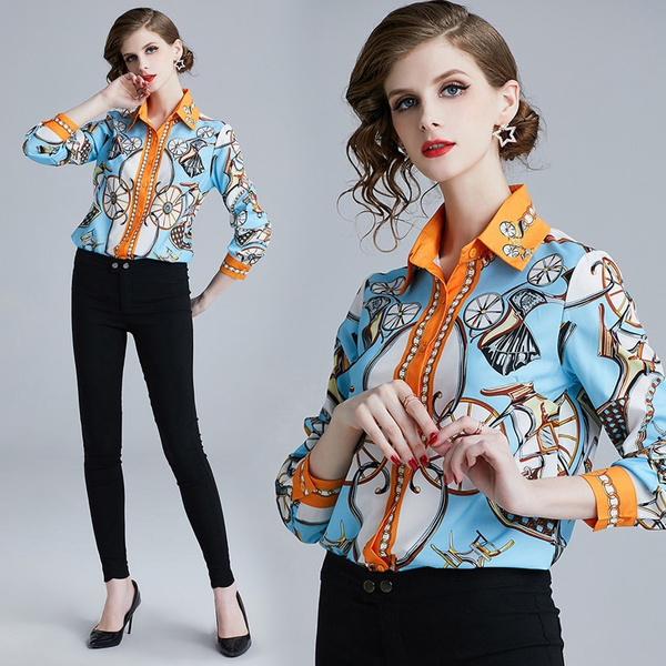 Luxury Print Chain Long Sleeve Shirt Women Blouses Runway Designer Tops  Ladies Office Shirts De