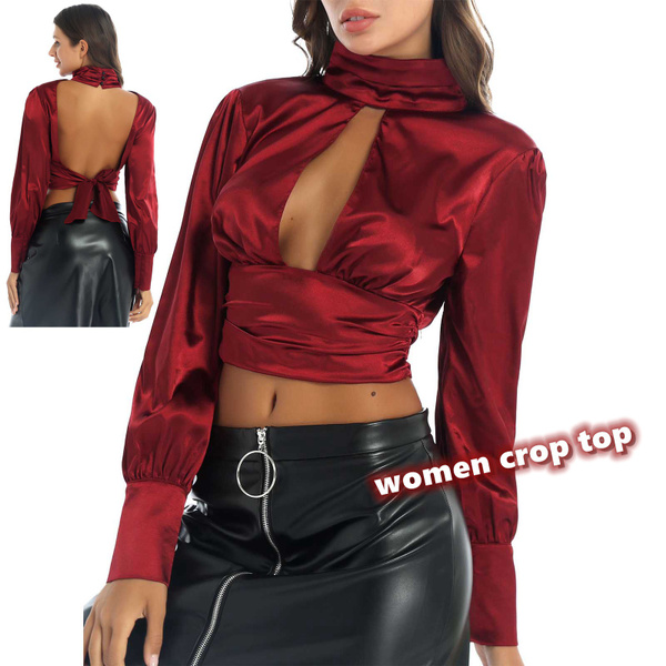 Women Sexy Satin Crop Top Open Front Design Summer Blouse Shirts Puff  Sleeve Backless Shirt Crop Top