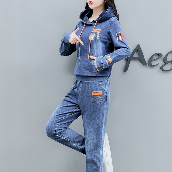 Co Ord Set Denim Two Piece Women Hoodies Pant Suits And Top Winter