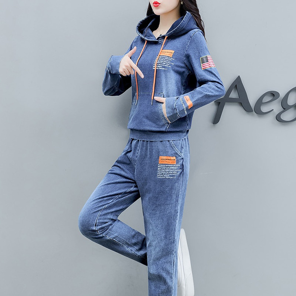 Co-Ord Set Denim Two Piece Women Hoodies Pant Suits And Top Winter Autumn  Outfit Clothing Matching Jeans 2 Pc Sets