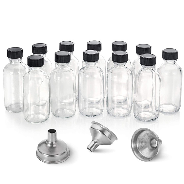 12, 2 oz Small Clear Glass Bottles (60ml) with Lids & 3 Stainless