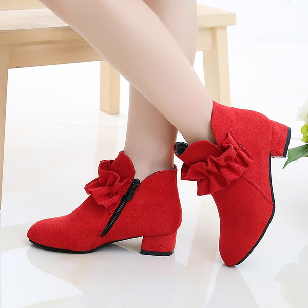 High Heel Children Shoes For Girls Flower Autumn Leather Boots