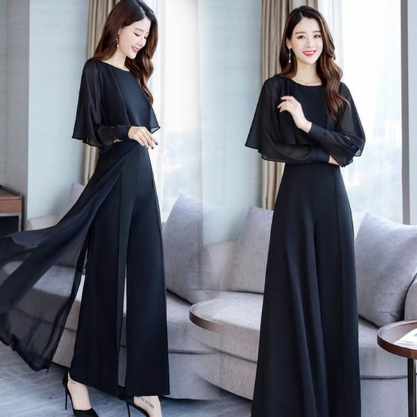 Chiffon Pantsuits Women Pant Suits For Mother Of The Bride Outfit Formal Wedding  Guest Black Wide Leg Loose Two Piece Set