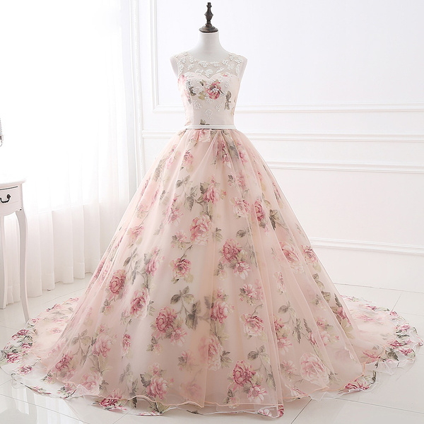 Pink Floral Print Strapless Prom Dresses