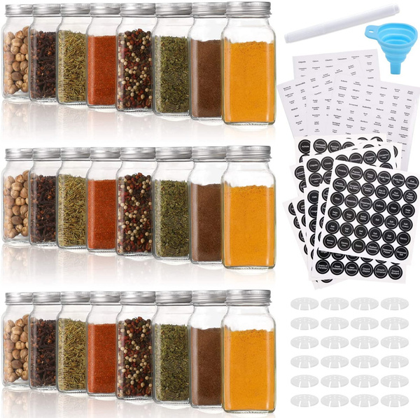 24 Pcs Glass Spice Jars Bottles 6oz Empty Square Spice Containers with 810 Spice Labels Shaker Lids and Airtight Metal Caps Silicone Collapsible