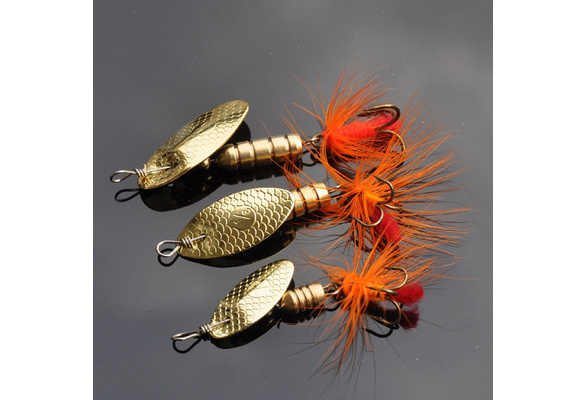 Cheap 5.5g Golden Spinner Spoon Fishing Lures Metal Fishing Tackle Orange  Feather Hook