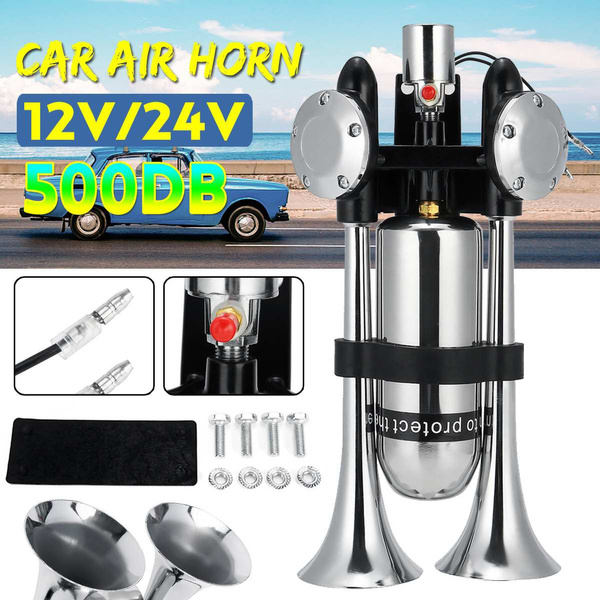 500Db Dual Trumpet Electric Horn Loud Chrome Air Speaker Kit 12V/ 24 V With  Compressor For Train Truck Lorry