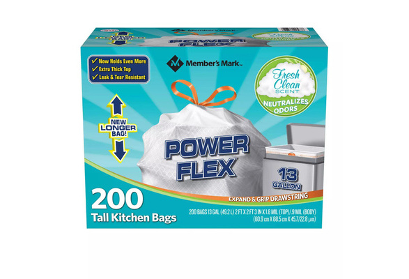 Member's Mark Power Flex Tall Kitchen Drawstring Trash Bags, Fresh