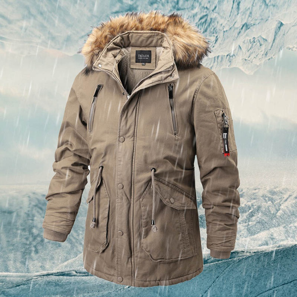 Mens khaki parka coats with fur hood sale