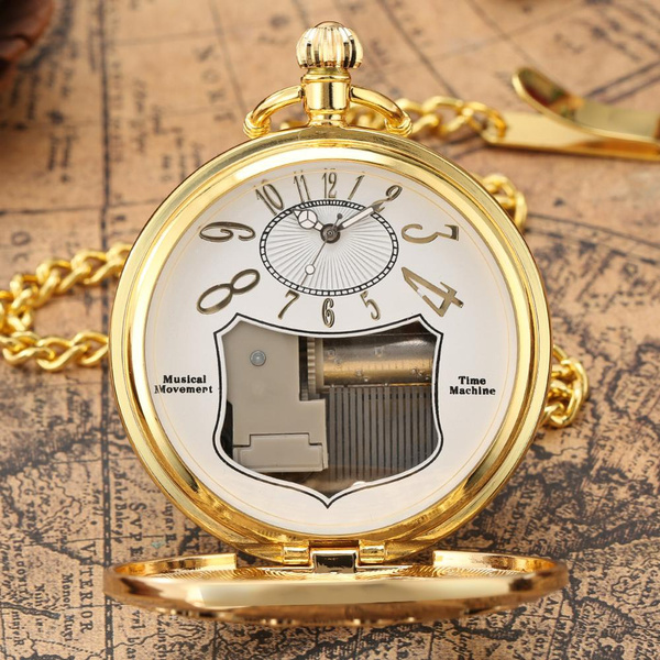 Hollow Steampunk Train Design Gold Musical Movement Pocket Watch