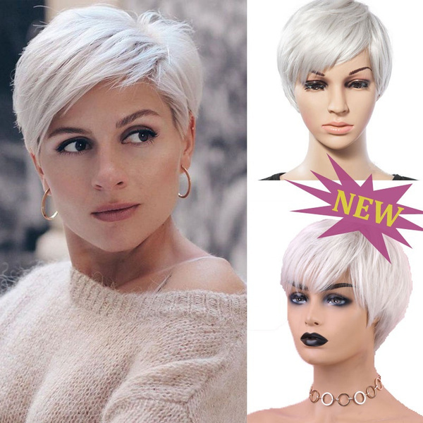 Short Straight Synthetic White Pixie Cut Wig for Women Daily Cosplay ...