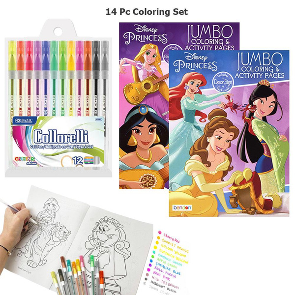 14 Pc Disney Princess Coloring Books Set Activity Pad Kids Drawing Glitter Pens Mama