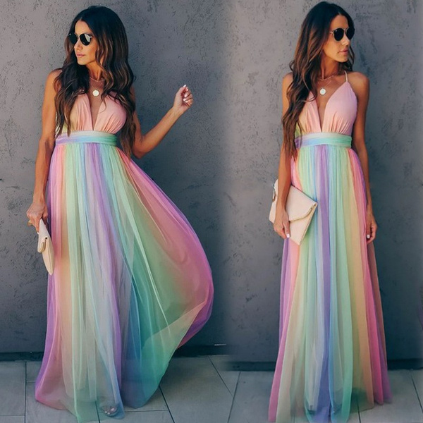 Women's Fashion Sleeveless Rainbow Dress Women Elegant Sleeveless Dress  Summer Chic Party Dress Vestidos Robe