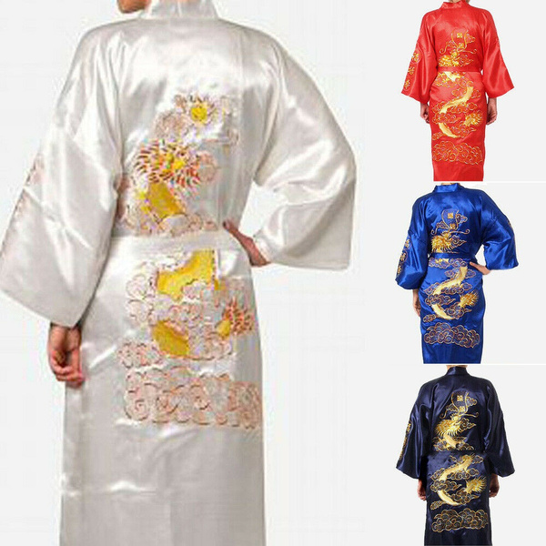 Men's Silk Satin Kimono Robe Gown Bathrobe Dragon Gown Dress Chinese Style Hot 