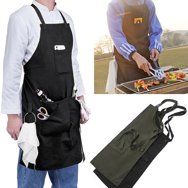 Kitchen Barbecue Cotton Working Apron with Tool Pockets Adjustable CrossBack Straps Woodworking