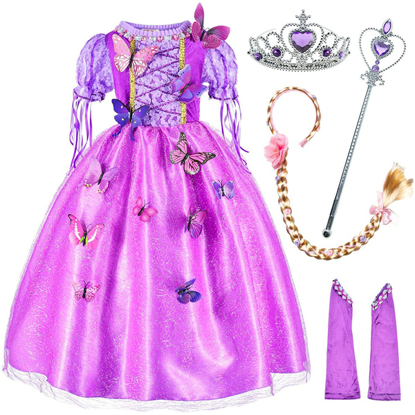 Purple Princess Costume For Girls - 5-Layer Dress With Tiara, Wand, Braid & Butterflies, Size 4T