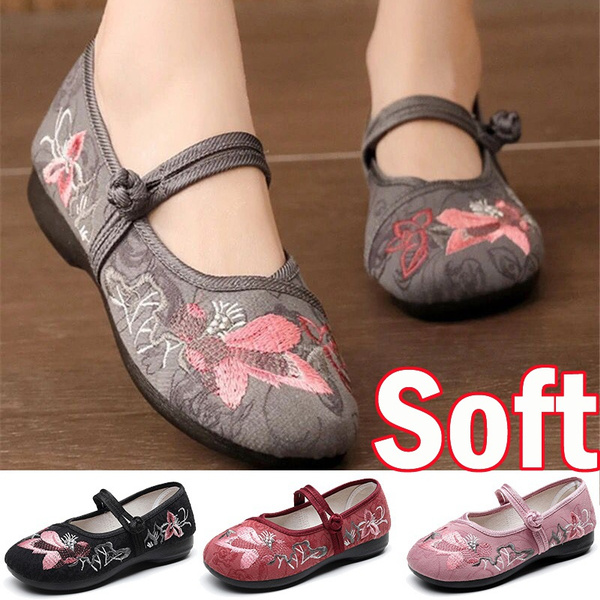 Women Soft Flat Mary Janes Shoe Buckle Shoes Floral Embroidered Dance ...