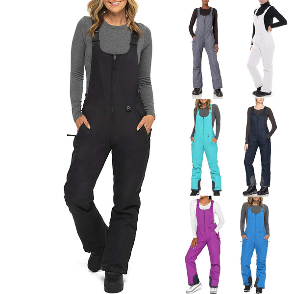 Kansopa Ski Pants Womens Waterproof Overalls Solid Color Pocket One-Piece Trousers Snow Ski Pant Skinny Fit Jumpsuit 