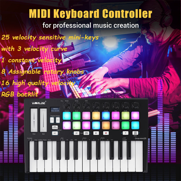 25-Key MIDI Control Keyboard Mini Portable USB Keyboard MIDI Controller  with 25 Velocity Sensitive Keys 8 RGB Backlit-Pad