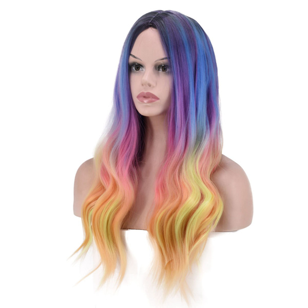 Women Synthetic Hair Cosplay Wig Rainbow Multi Color Party Wigs Wish