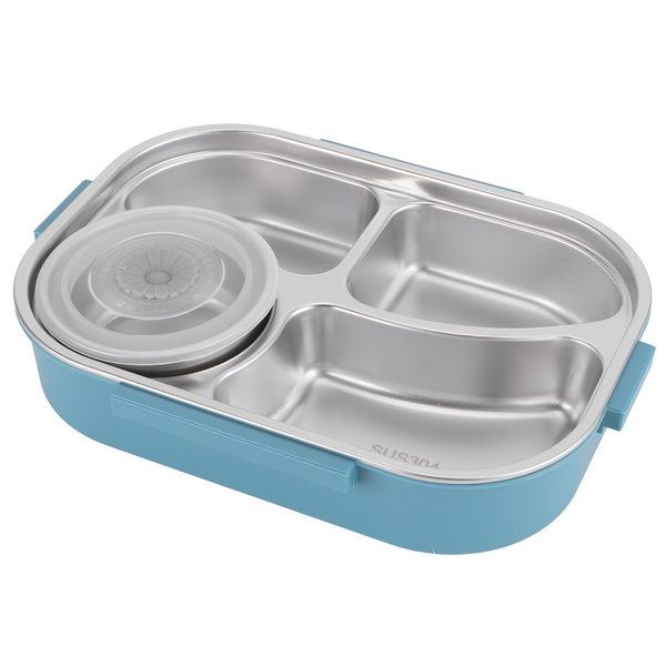 Stainless Steel Lunch Box 4‑Grid Portable Bento Box Food Storage Container  for Student Adult(4‑Grid Lunch Box with Soup Bowl: Blue ) bii