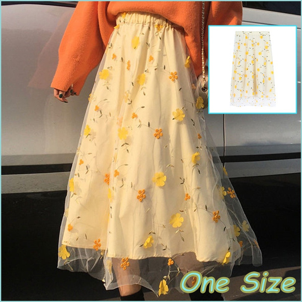 TWDYC Yellow Flower Lace Skrit Women High Waist Mesh Long Skrit Female  Elegant Midi Tulle Skirt Sweet Cute Student School Wear (Color : Yellow,  Size : XL) price in UAE,  UAE